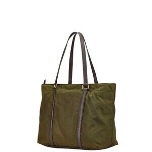 Prada nylon leather Green triangular shoulder logo Khaki tote brown bag